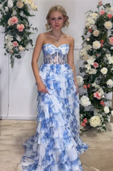 Blue Floral Printed Sweetheart Chiffon Tiered A-Line Long Corset Prom Dress